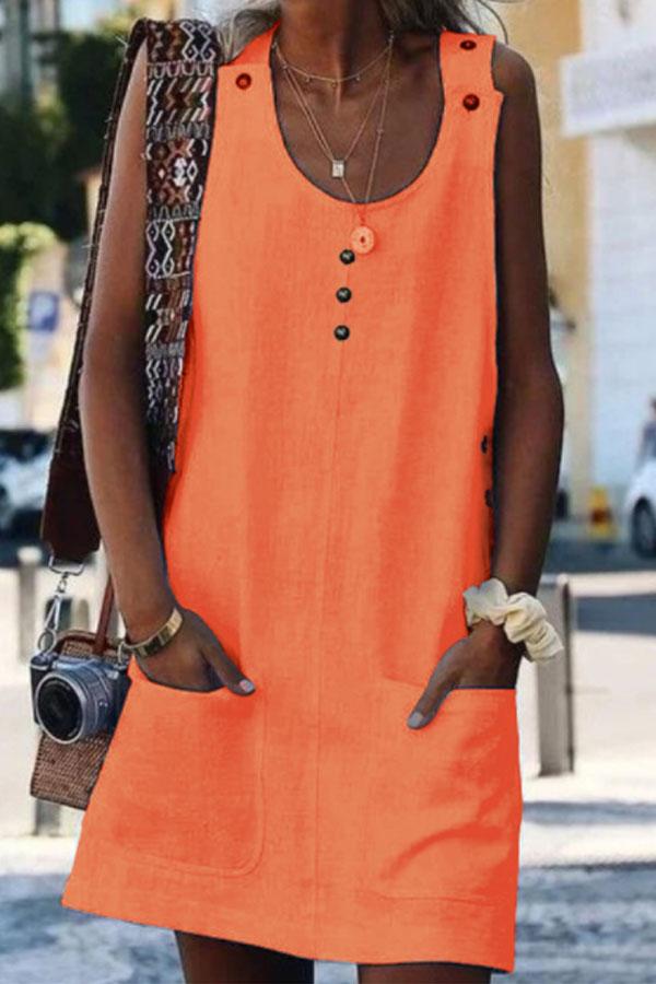 Round Neck  Plain  Sleeveless Casual Shift Dresses