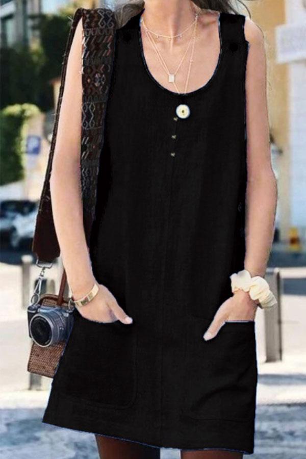 Round Neck  Plain  Sleeveless Casual Shift Dresses