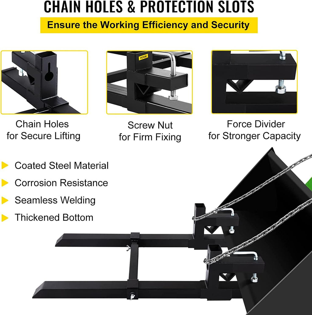 Mophorn Pallet Forks 33.5" 2000 Lbs Max, Clamp On Tractor Bucket Forks with Adjustable Stabilizer Bar, Heavy Duty Front Loader Forks 46.9" Total Length, Fork Attachment for Skid Steer,Loader Bucket