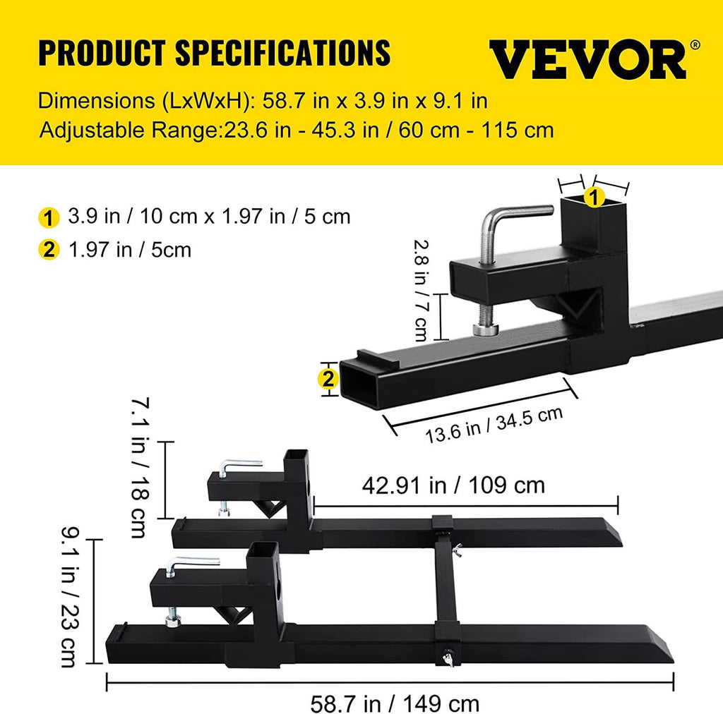 Mophorn Pallet Forks 58.7" 4000 Lbs Max, Clamp On Tractor Bucket Forks with Adjustable Stabilizer Bar, Heavy Duty Front Loader Forks, Fork Attachment for Skid Steer,Loader Bucket