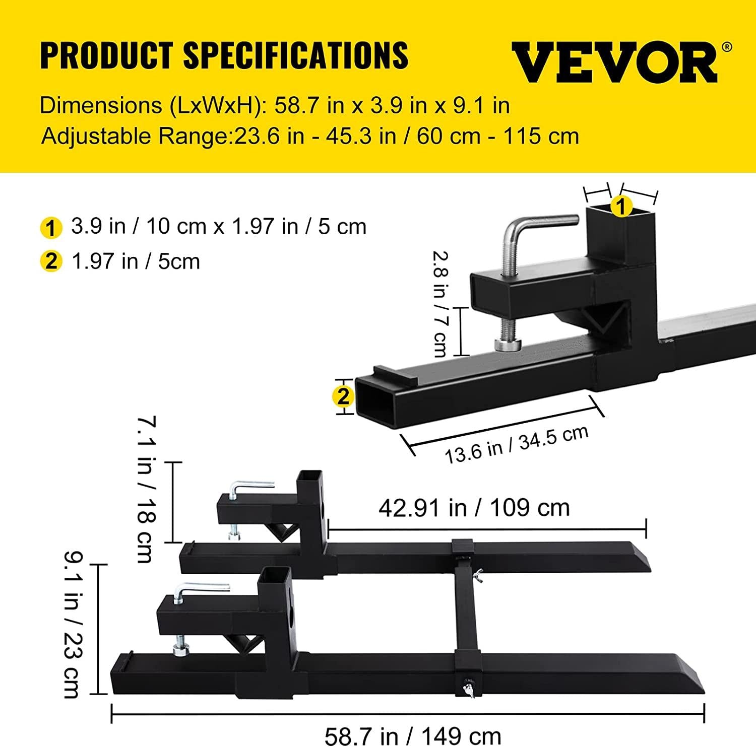 Mophorn Pallet Forks 58.7" 4000 Lbs Max, Clamp On Tractor Bucket Forks with Adjustable Stabilizer Bar, Heavy Duty Front Loader Forks, Fork Attachment for Skid Steer,Loader Bucket