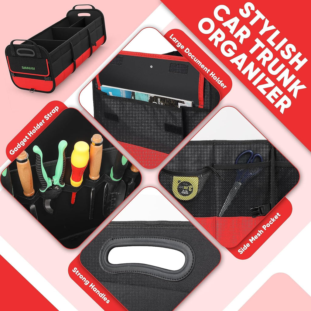Simniam Large Trunk Organizer for Car, Collapsible Multi Compartment Car Trunk Organizer with 2 Retractable Straps, Suitable for All Kinds of Cars, SUV, Minivan - 4 Compartments Red