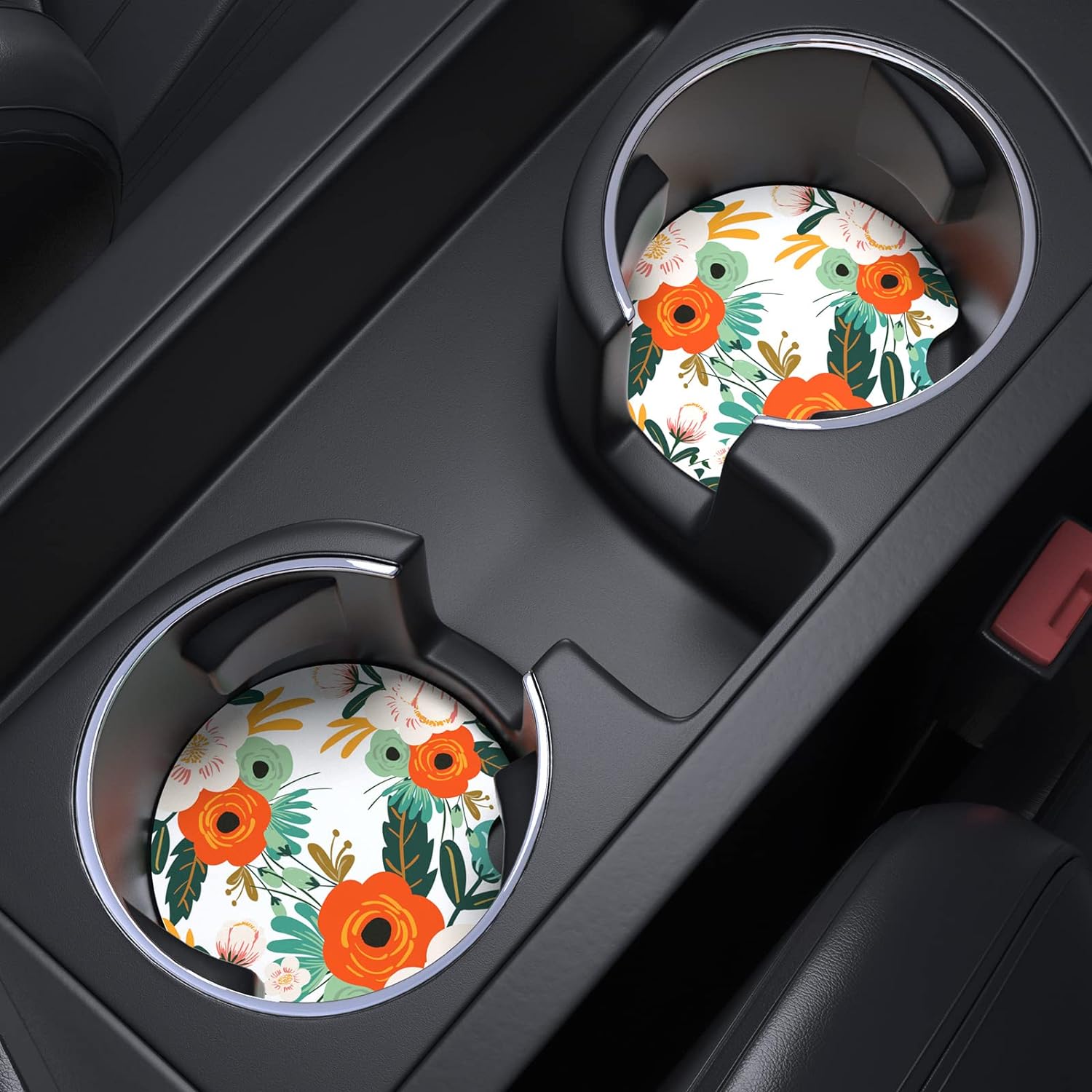 Nipichsha Car Cup Holder Coasters, Car Coasters for Cup Holders, 2 Pack Anti Slip Insert Coasters, Rubber Car Cup Mat with A Finger Notch, Cute Car Interior Accessories for Women Men(White Flower)