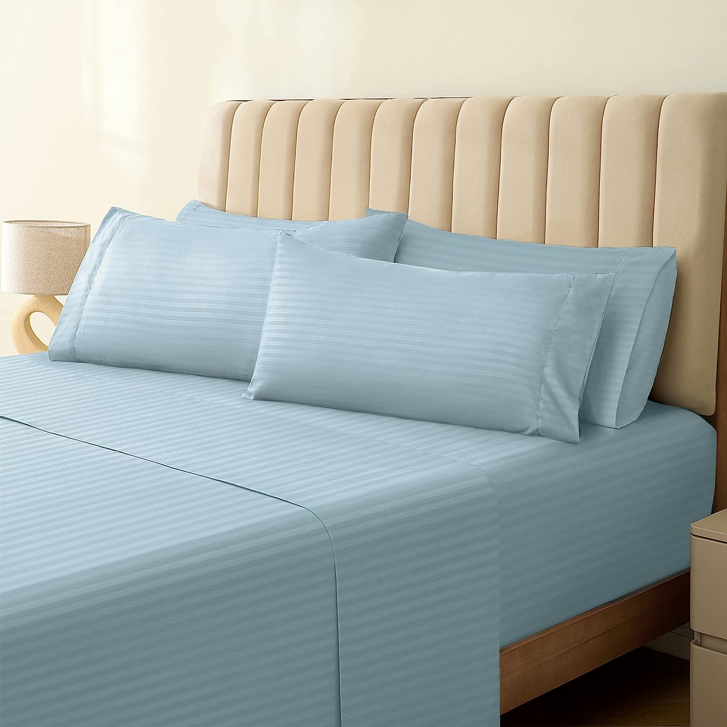 LuxClub King Size Striped Sheets Set, 6 PC Striped Bed Sheets, Deep Pockets 18" Eco Friendly Wrinkle Free Cooling Sheets Machine Washable Hotel Bedding Silky Soft (King, Striped Light Blue)