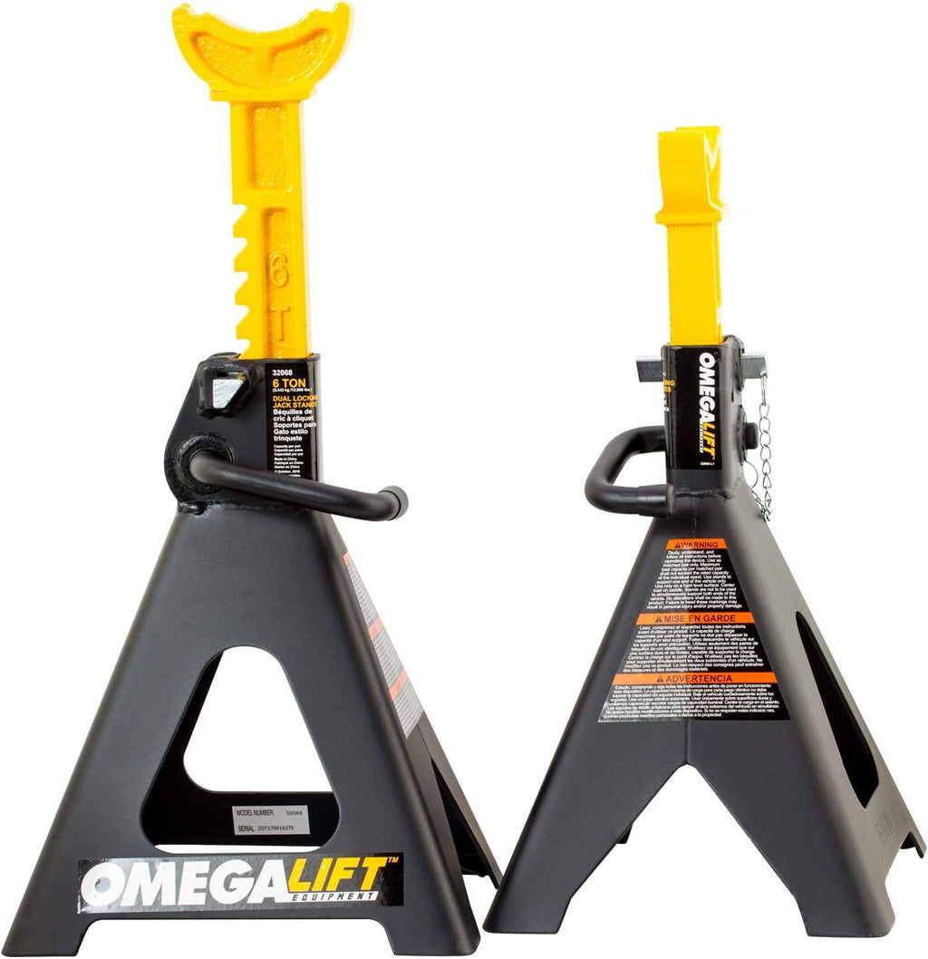 Omega Lift 32068 Heavy Duty Jack Stands 6 Ton Pair - Double LocPins - Handle Lock and Mobility Pin for Auto Repair Shop with Extra Safety, Black