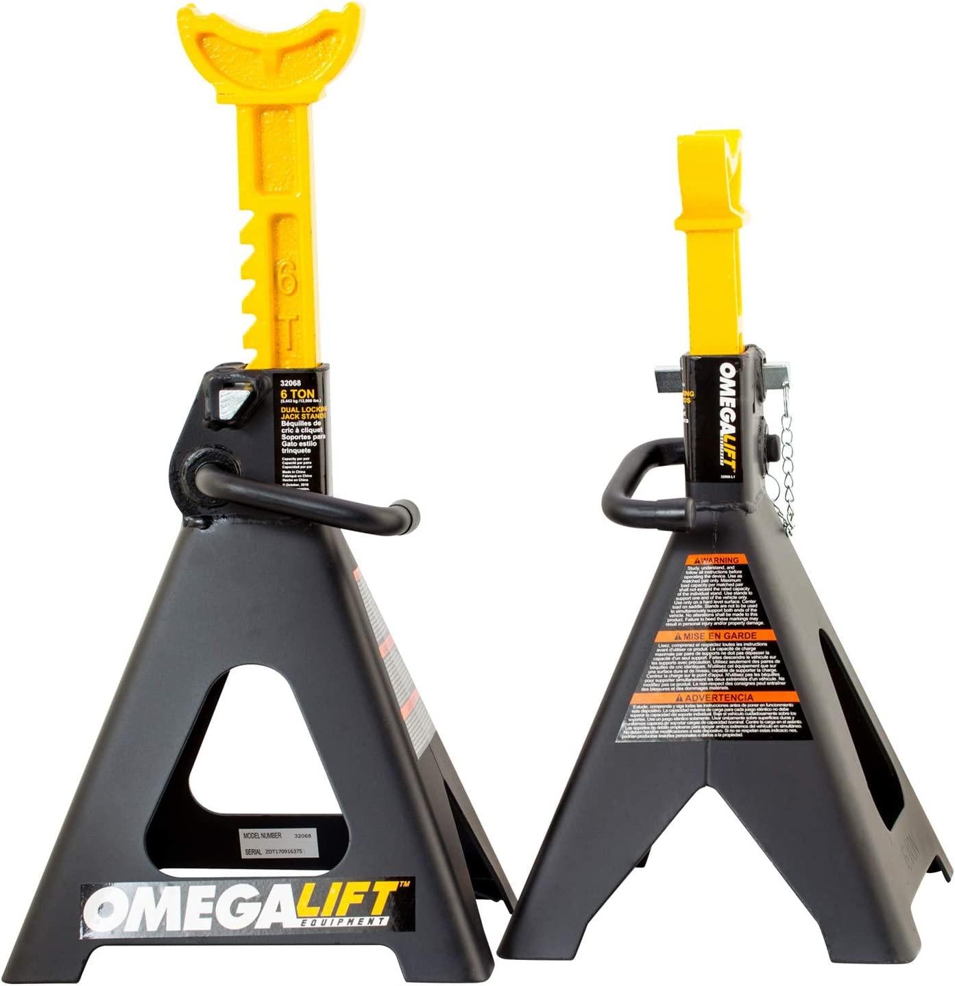 Omega Lift 32068 Heavy Duty Jack Stands 6 Ton Pair - Double LocPins - Handle Lock and Mobility Pin for Auto Repair Shop with Extra Safety, Black