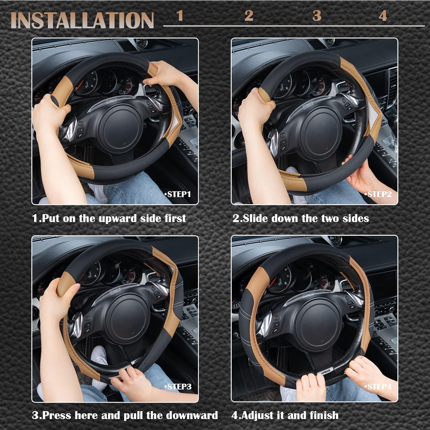 CAR PASS Line Rider Microfiber Leather Sporty Steering Wheel Cover Universal Fits for 95% Truck,SUV,Cars, Anti-Slip Safety Comfortable Desgin (Black Beige)
