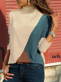 High Neck Patchwork Contrast Stitching Color Block Sweaters