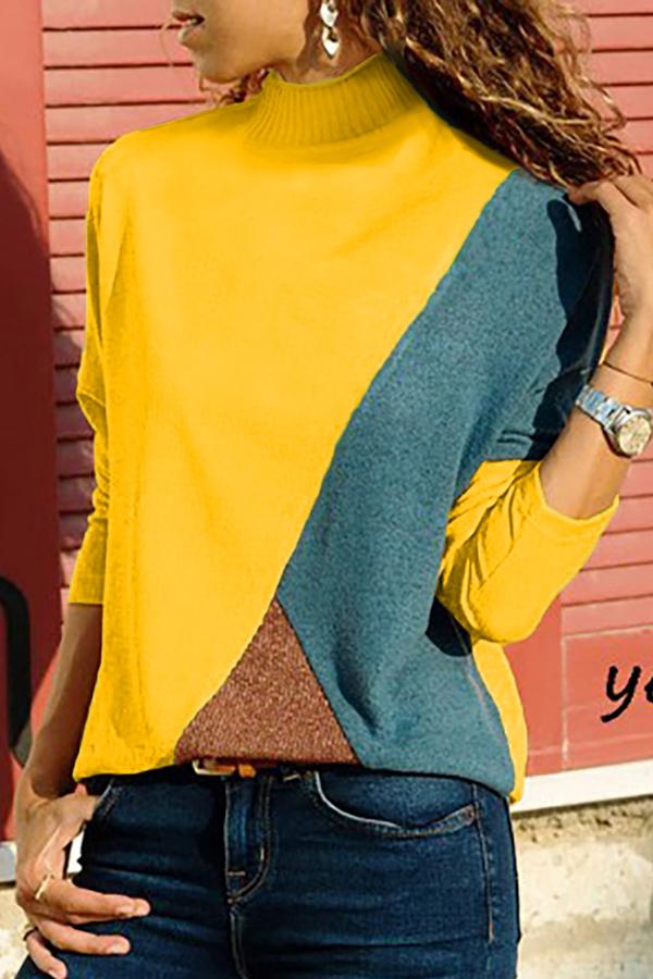 High Neck Patchwork Contrast Stitching Color Block Sweaters