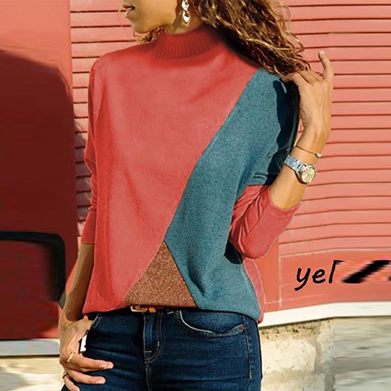 High Neck Patchwork Contrast Stitching Color Block Sweaters