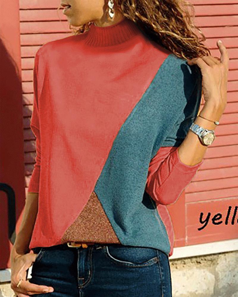 High Neck Patchwork Contrast Stitching Color Block Sweaters