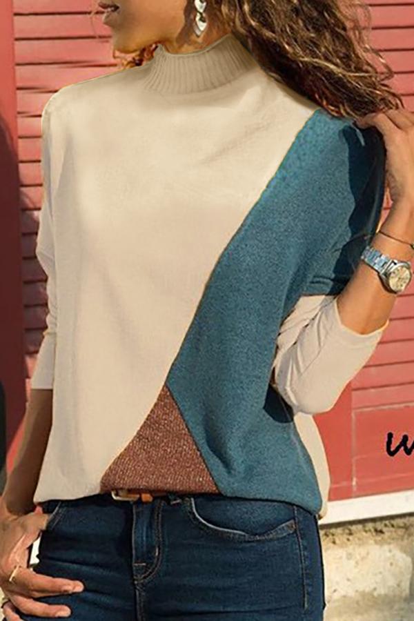High Neck Patchwork Contrast Stitching Color Block Sweaters