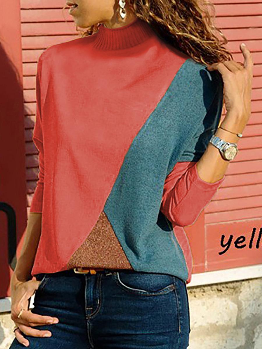 High Neck Patchwork Contrast Stitching Color Block Sweaters