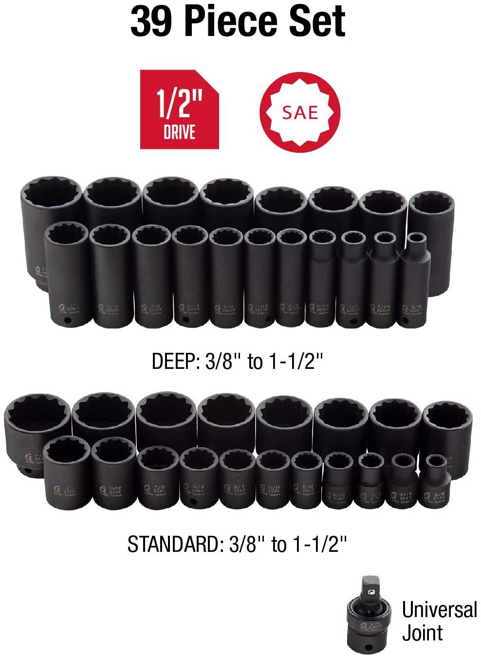 Sunex 2698 1/2-Inch Drive 12-Point SAE  Impact Socket Set, 39-Piece