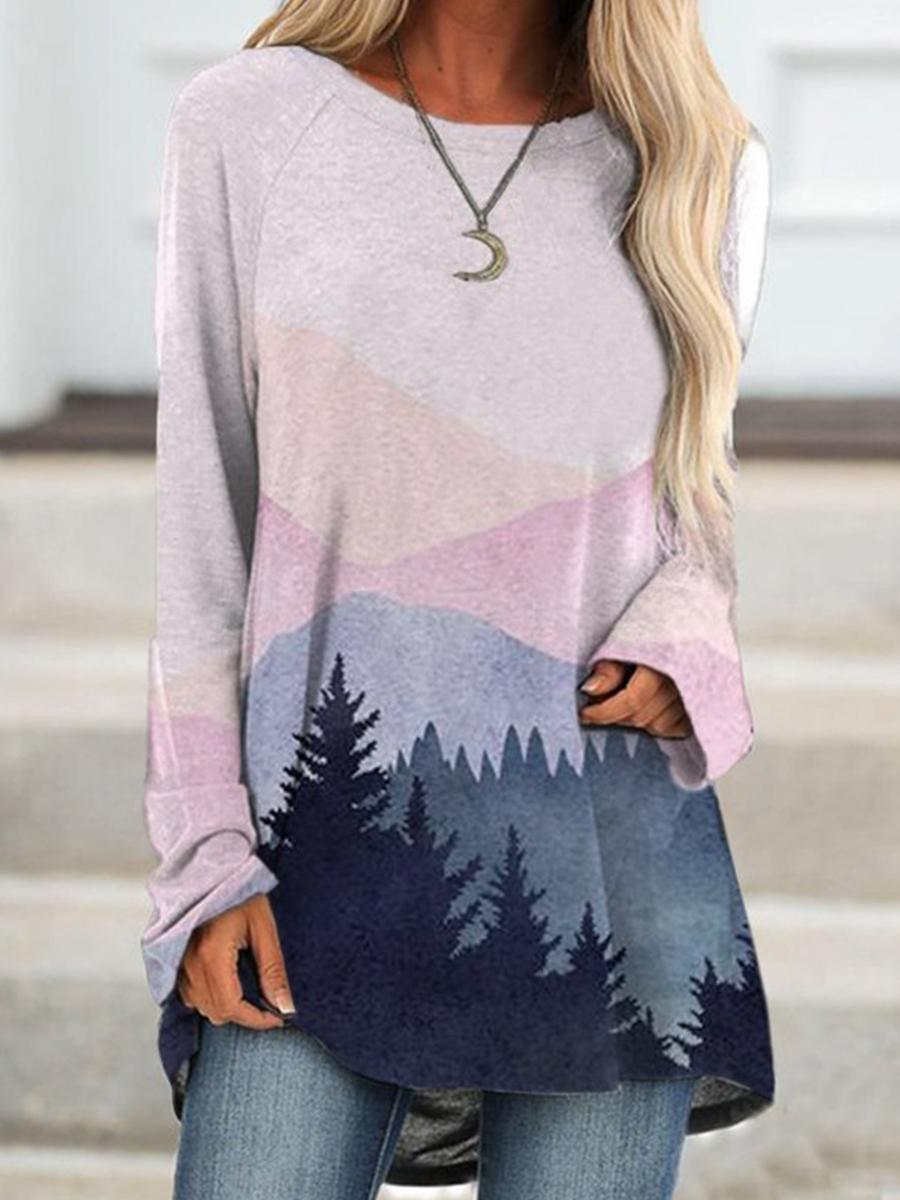 Women's Watercolor Mountain Printed Long Sleeve Blouse