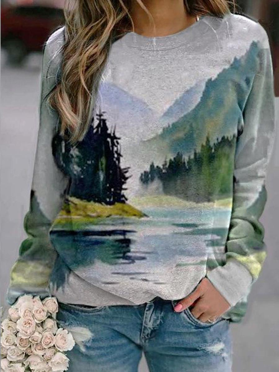 Landscape Print Long-Sleeved Sweatshirt