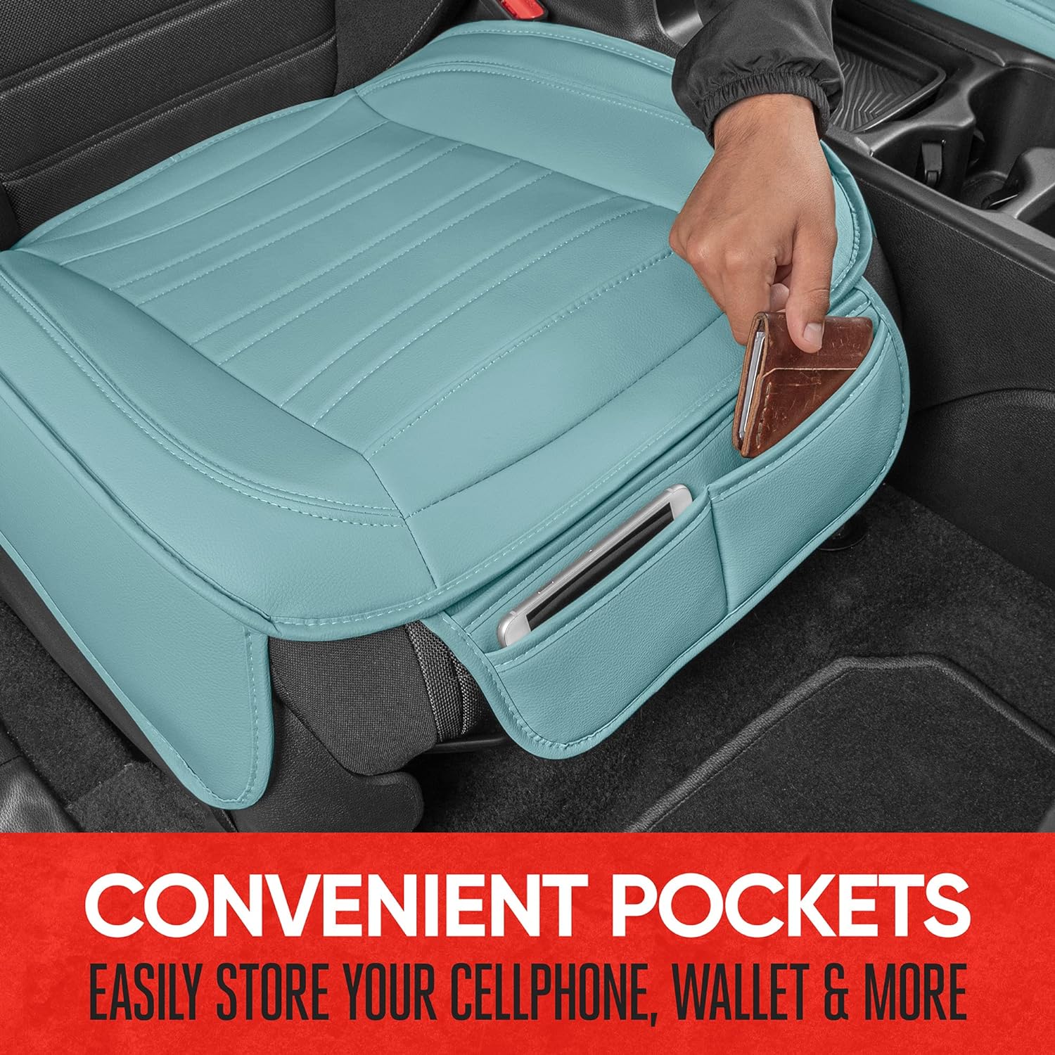 Motor Trend Seat Covers for Cars Trucks SUV, Faux Leather 2-Pack Mint Padded Car Seat Covers with Storage Pockets, Premium Interior Car Seat Cover
