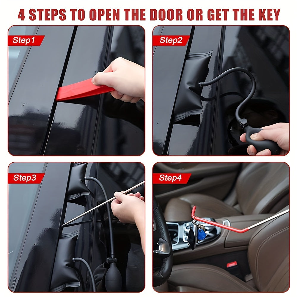 14PCS Car Tool Kit: Roadside Emergency Kit with Long Reach Grabber, Air WedBag Pump, Non-Marring Wed&amp; Carrying Bag - Essential Automotive Kit!