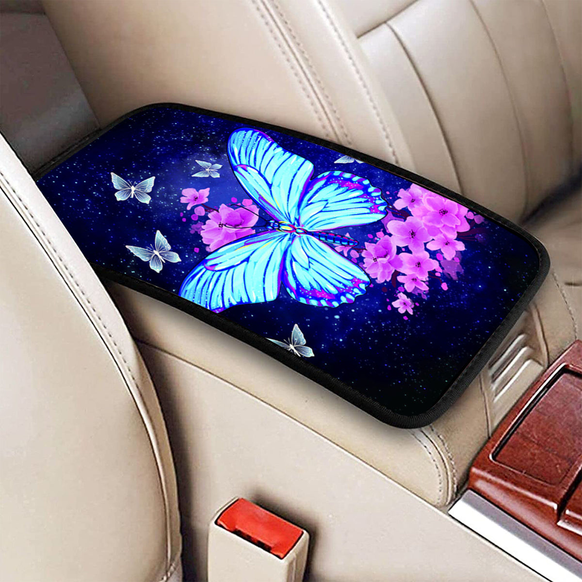 Blue Butterfly Print Armrest Box Mat, Armrest Box Protector Center Console Cover Car Decoration Accessories