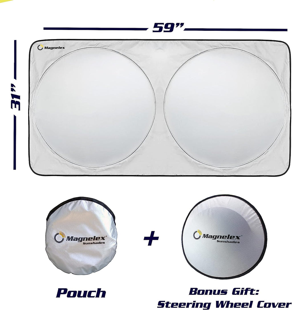 Magnelex Car Windshield Sunshade with Bonus Steering Wheel Cover Sun Shade. Reflective Polyester Blocks Heat and Sun. Foldable Sun Shield That Keeps Your Vehicle Cool (Large 63 x 33.8 in)