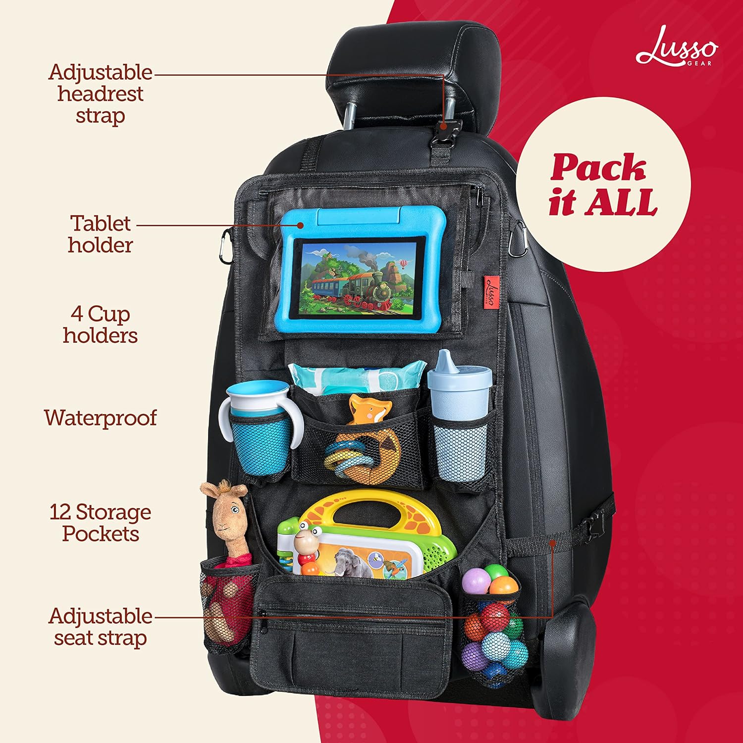 Lusso Gear Heavy Duty Back Seat Car Organizer Extra Large for Protection, Sag Proof &amp; Reinforced Corners, Protects iPad &amp; Backseat, 12 Versatile Car Seat Organizer Storage Compartments (Black)
