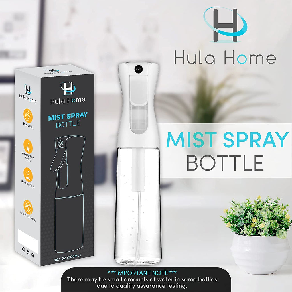 Hula Home Continuous Spray Bottle (10.1oz/300ml) Empty Ultra Fine Plastic Water Mist Sprayer – For Hairstyling, Cleaning, Salons, Plants, Essential Oil Scents &amp; More - White