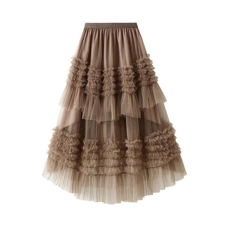 pleated tiered mesh long skirt