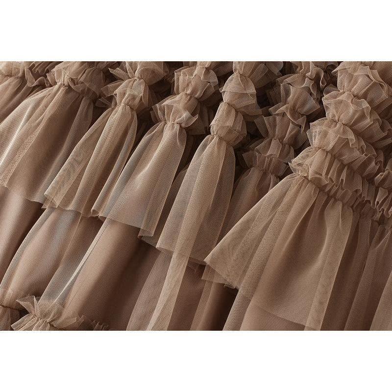 pleated tiered mesh long skirt