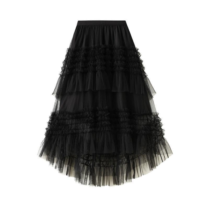 pleated tiered mesh long skirt