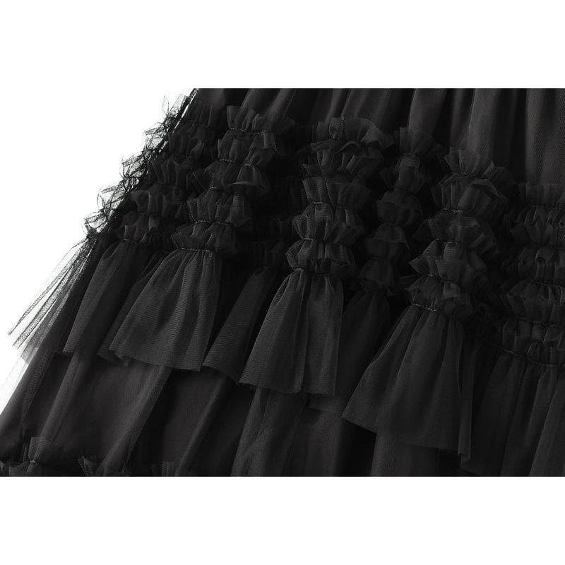 pleated tiered mesh long skirt