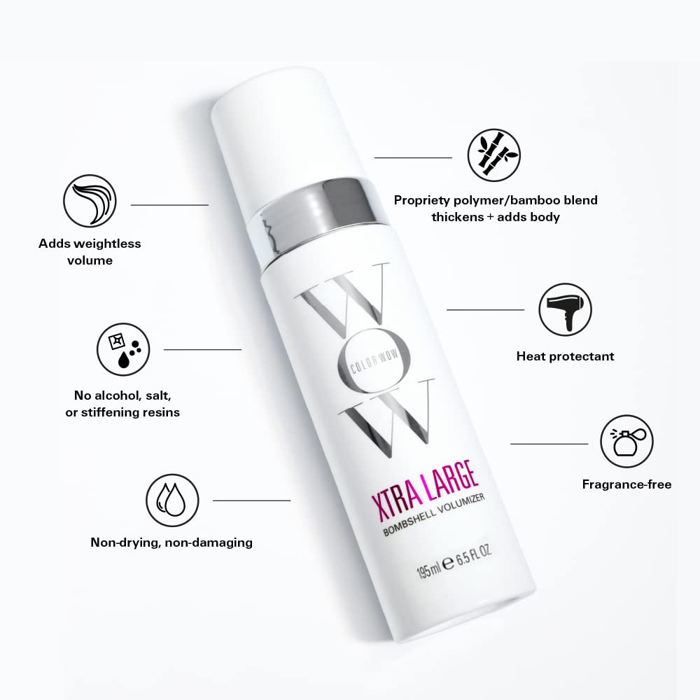 Color Wow Xtra Large Bombshell Volumizer – Brand new alcohol free volumizing technology; weightless, non drying, non dulling; instantly thickens fine, flat hair; last for days