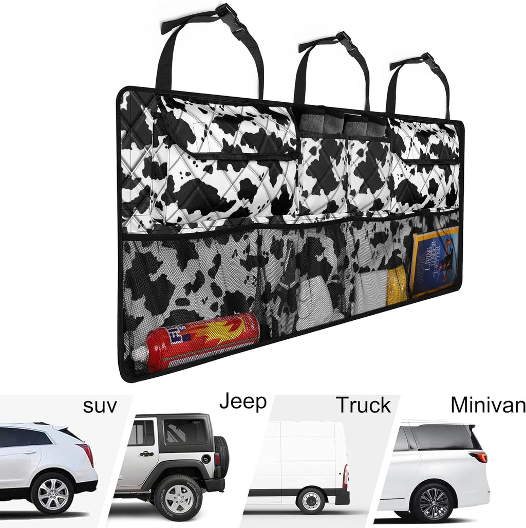 Femuar Car Trunk Organizer,Large Capacity Backseat Trunk Organizer(42"*18"),Collapsible Car Storage Bag with 8 Pocekt,Car Organizer for SUV/MPV/Truck - Cow print
