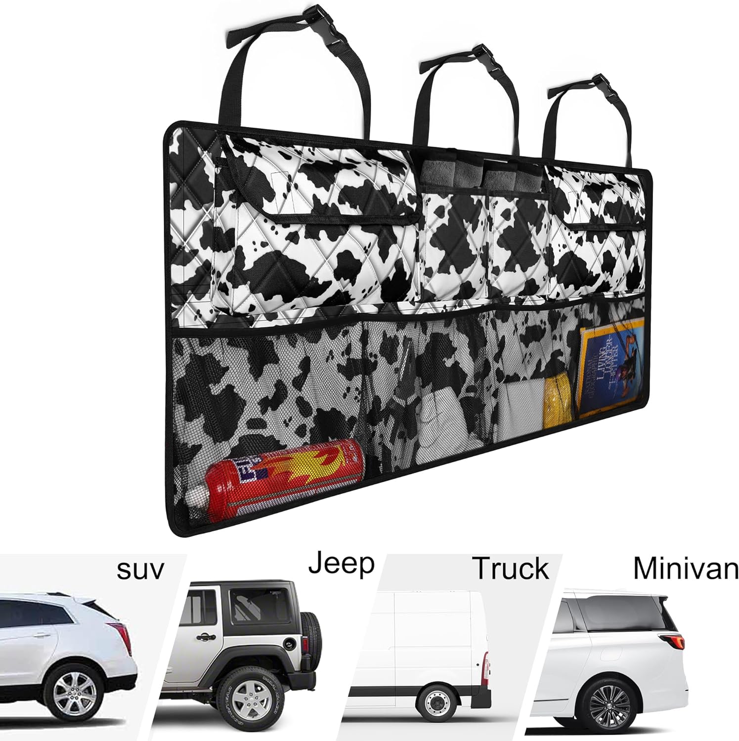 Femuar Car Trunk Organizer,Large Capacity Backseat Trunk Organizer(42"*18"),Collapsible Car Storage Bag with 8 Pocekt,Car Organizer for SUV/MPV/Truck - Cow print