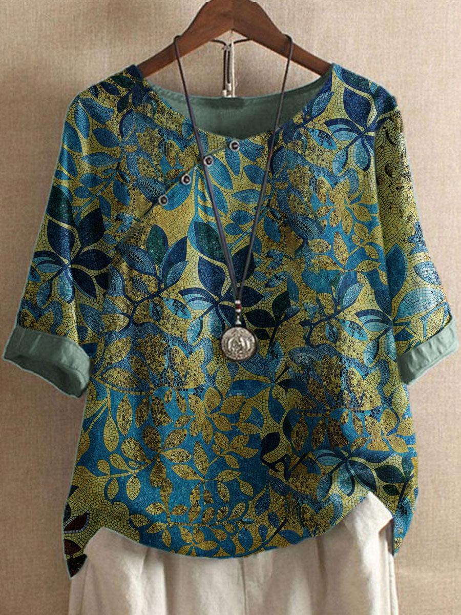 Round Neck Bronzing Leaf Print Casual Blouse