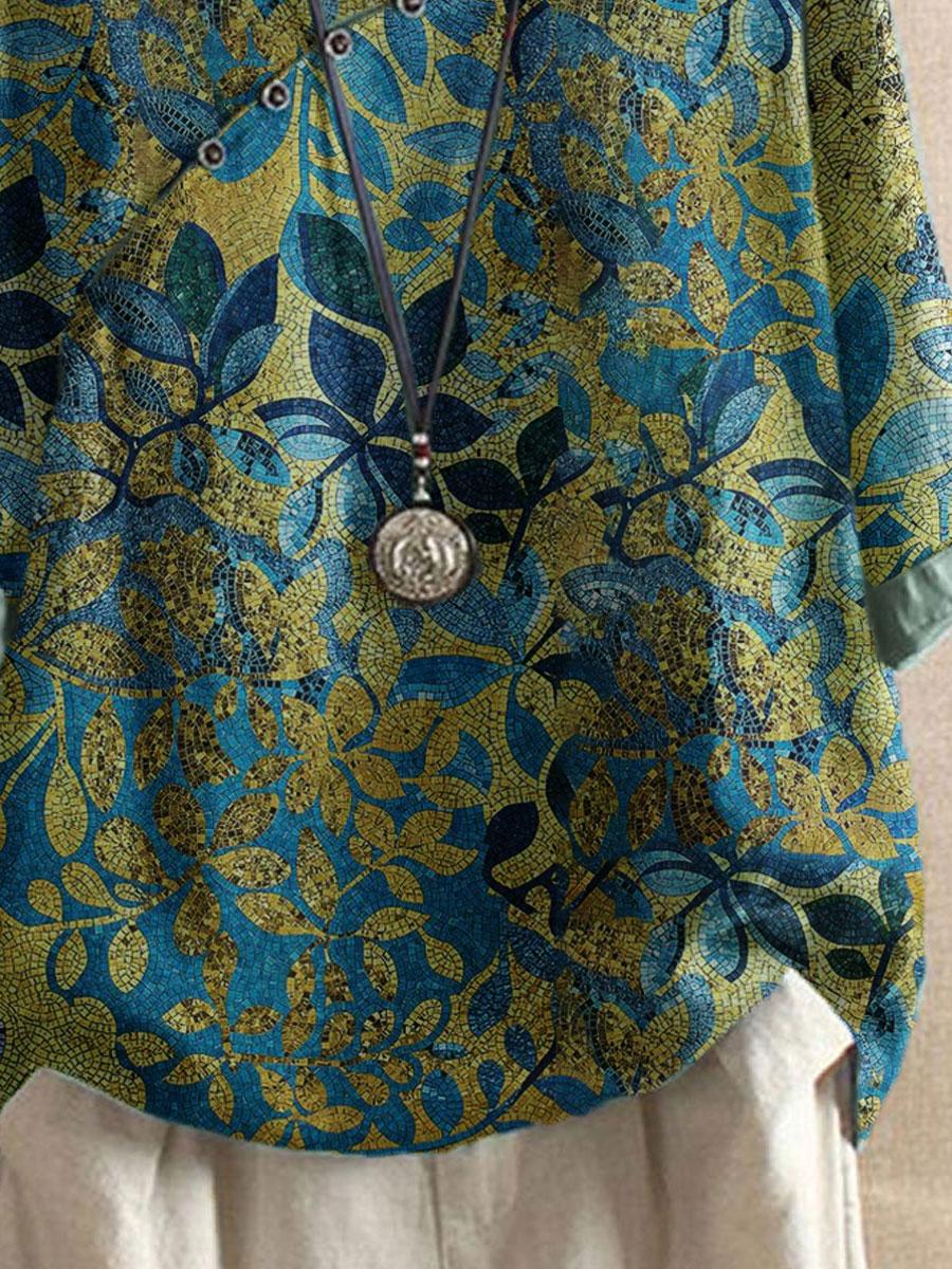 Round Neck Bronzing Leaf Print Casual Blouse