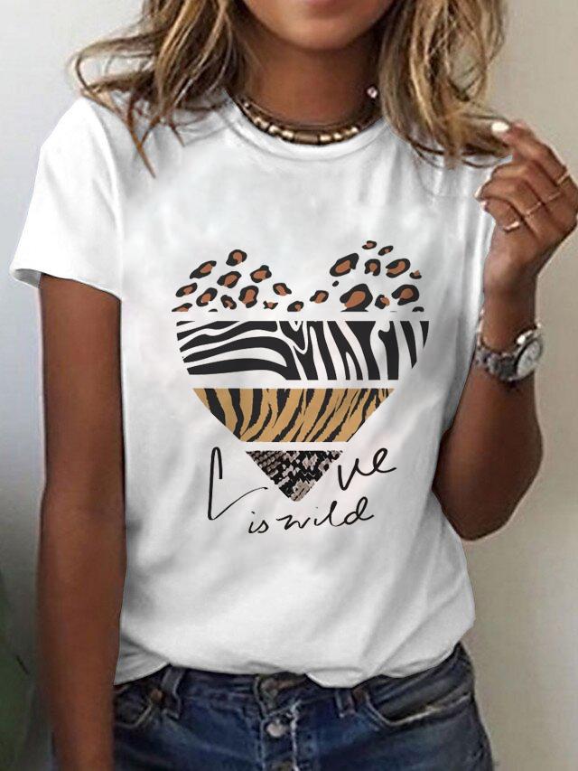 Leopard Heart Print Crew Short Sleeves T-shirt