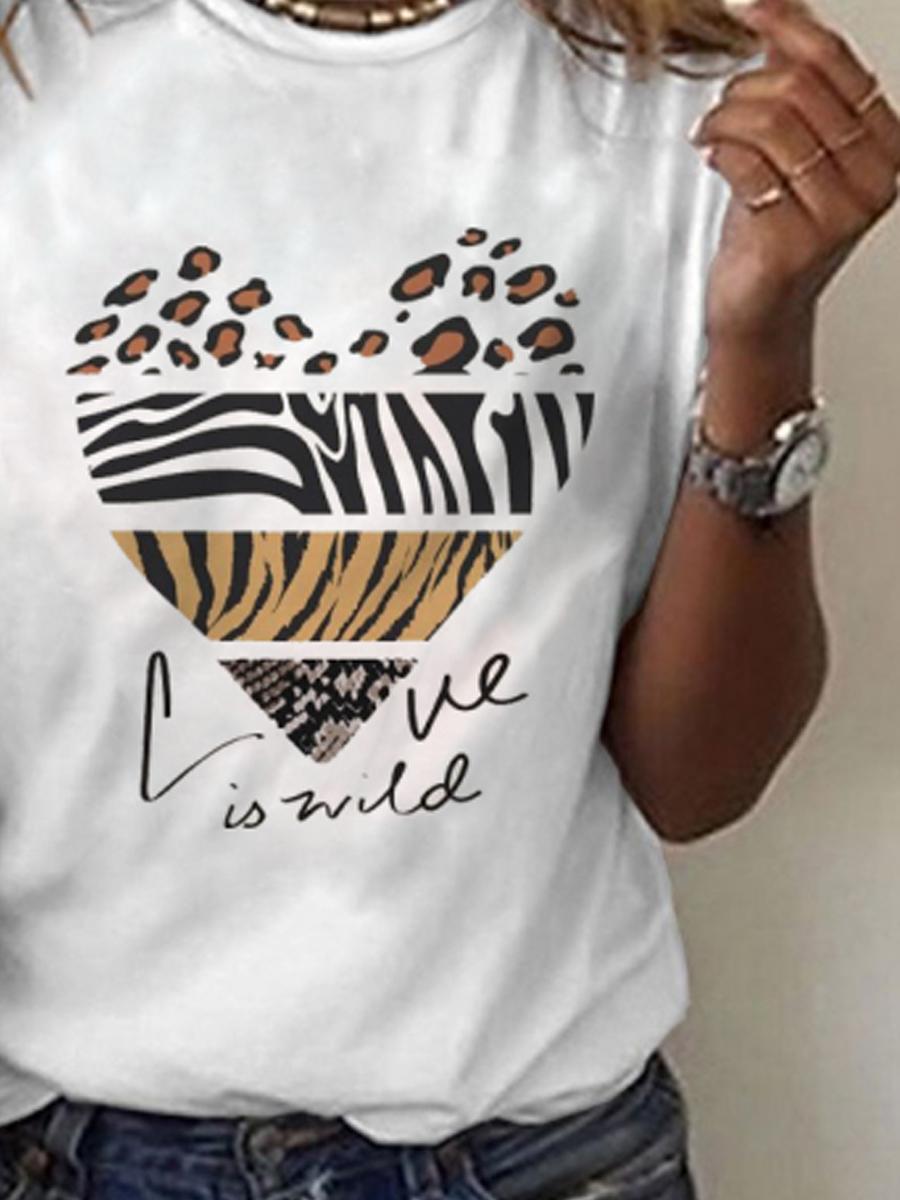 Leopard Heart Print Crew Short Sleeves T-shirt