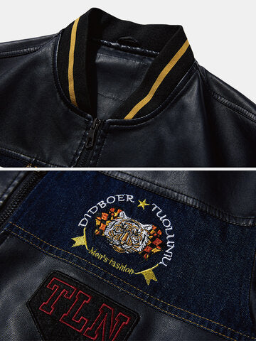 mens pu leather casual fleece lined thick varsity jacket with badges