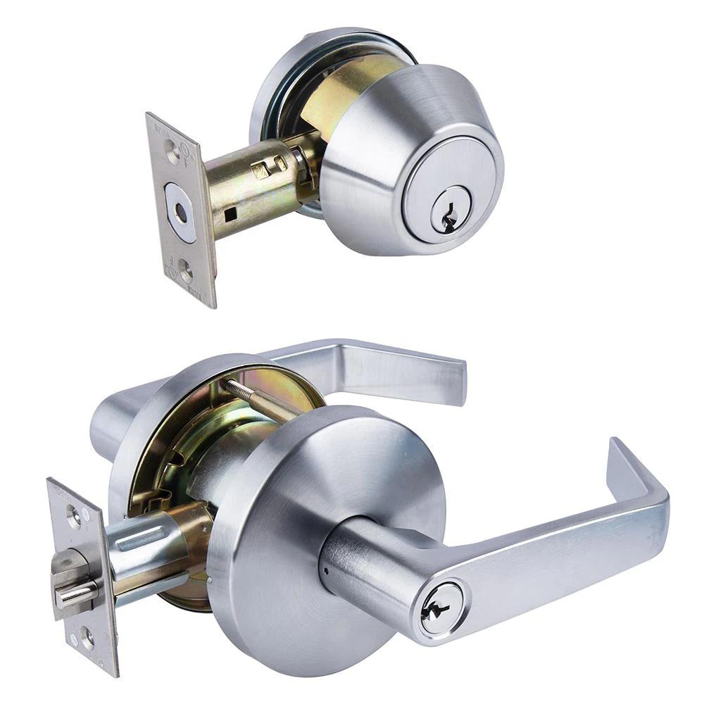 Heavy Duty Commercial Satin Chrome Entry Lever with Single Cylinder Deadbolt Combo