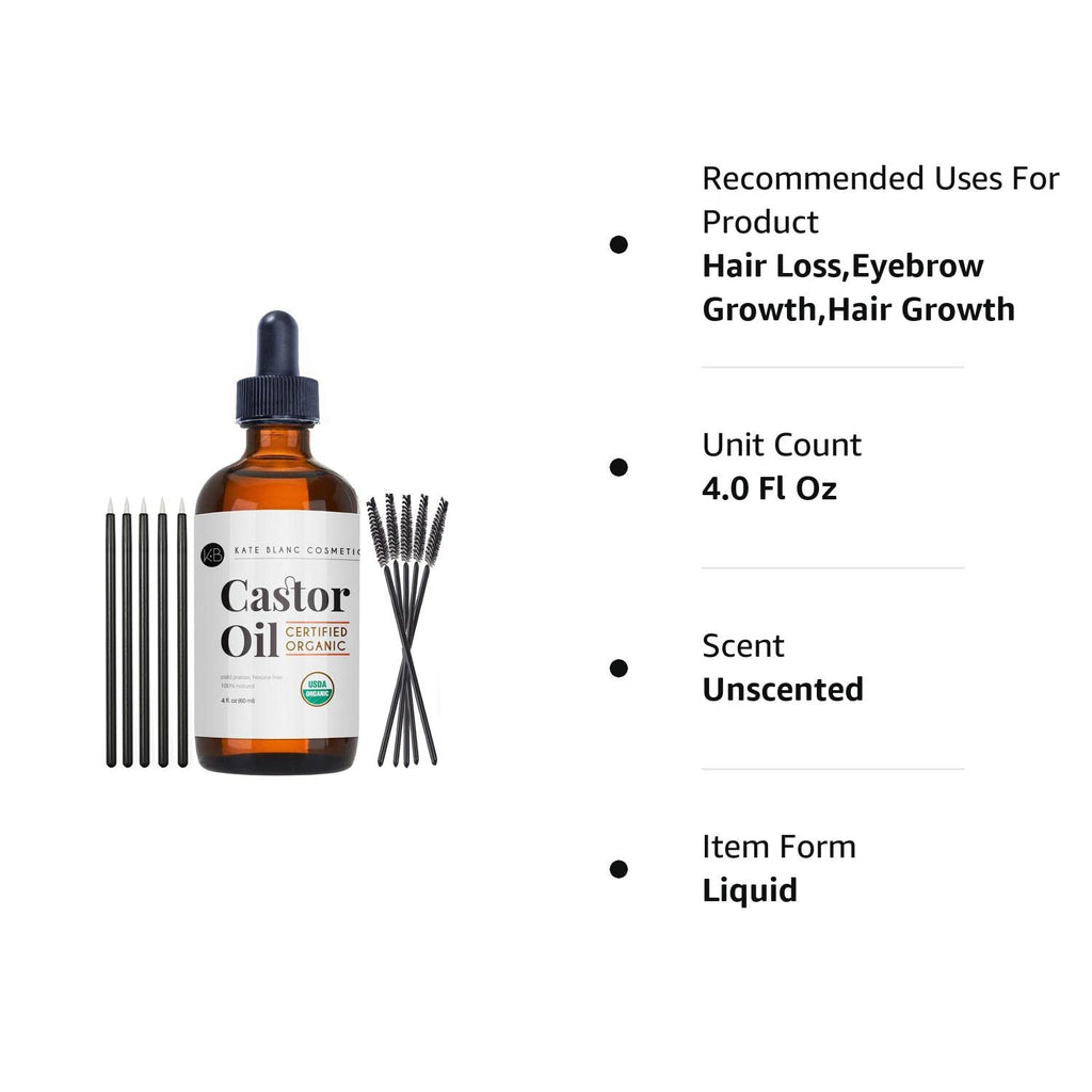 Organic Castor Oil (4oz), USDA Certified, 100% Pure, Cold Pressed, Hexane Free by Kate Blanc. Stimulate Growth for Eyelashes, Eyebrows, Hair. Skin Moisturizer &amp; Oil Cleanse with Starter Kit