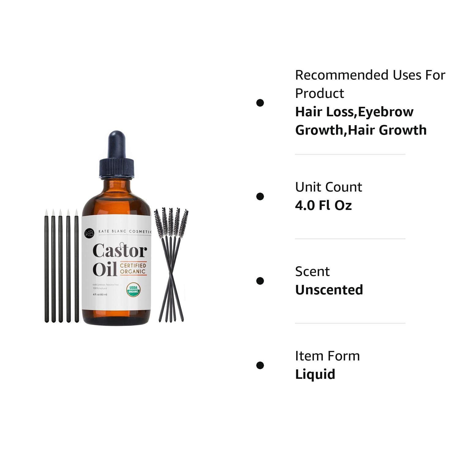 Organic Castor Oil (4oz), USDA Certified, 100% Pure, Cold Pressed, Hexane Free by Kate Blanc. Stimulate Growth for Eyelashes, Eyebrows, Hair. Skin Moisturizer &amp; Oil Cleanse with Starter Kit