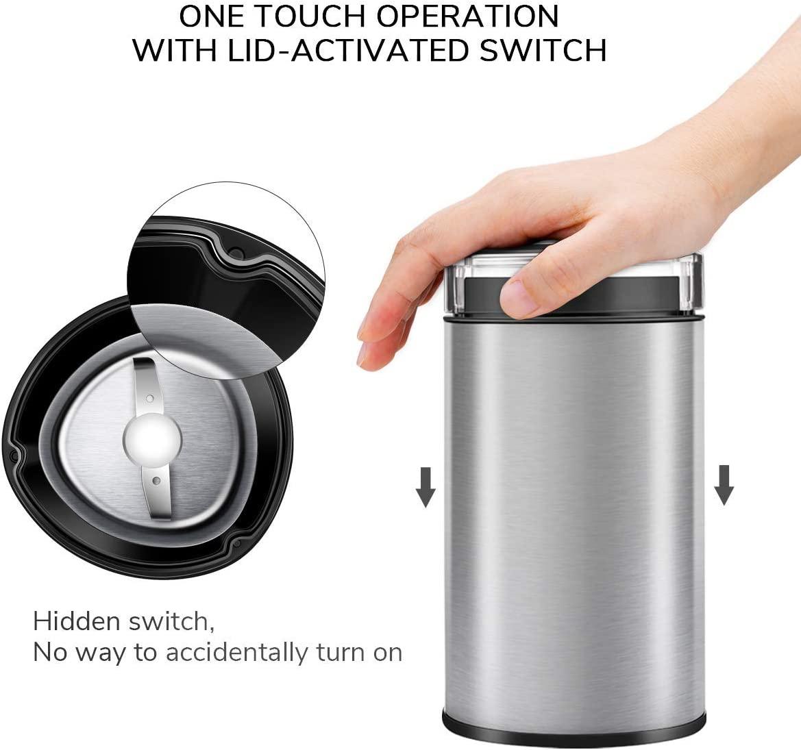Electric Coffee Grinder Spice Grinder - Stainless Steel Blades Grinder for Coffee Bean Seed Nut Spice Herb Pepper, Brushed Stainless Steel Texture and Transparent Lid