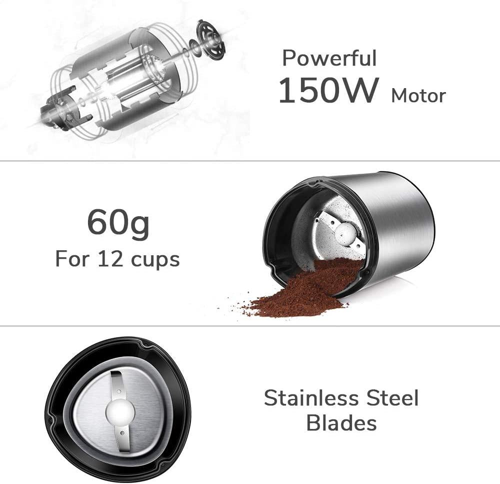 Electric Coffee Grinder Spice Grinder - Stainless Steel Blades Grinder for Coffee Bean Seed Nut Spice Herb Pepper, Brushed Stainless Steel Texture and Transparent Lid