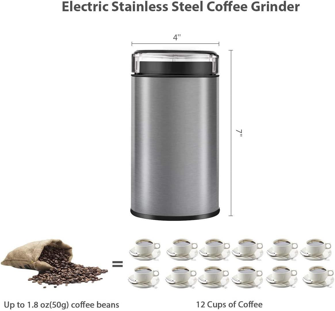 Electric Coffee Grinder Spice Grinder - Stainless Steel Blades Grinder for Coffee Bean Seed Nut Spice Herb Pepper, Brushed Stainless Steel Texture and Transparent Lid
