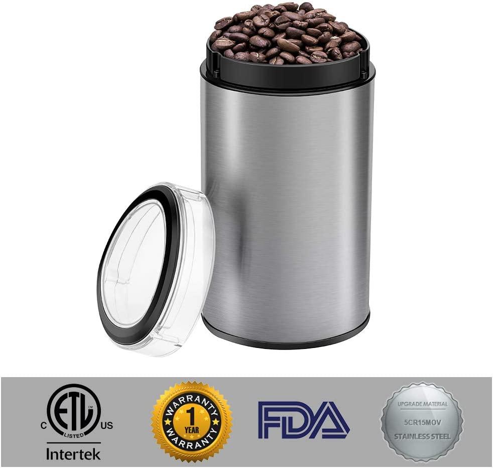 Electric Coffee Grinder Spice Grinder - Stainless Steel Blades Grinder for Coffee Bean Seed Nut Spice Herb Pepper, Brushed Stainless Steel Texture and Transparent Lid