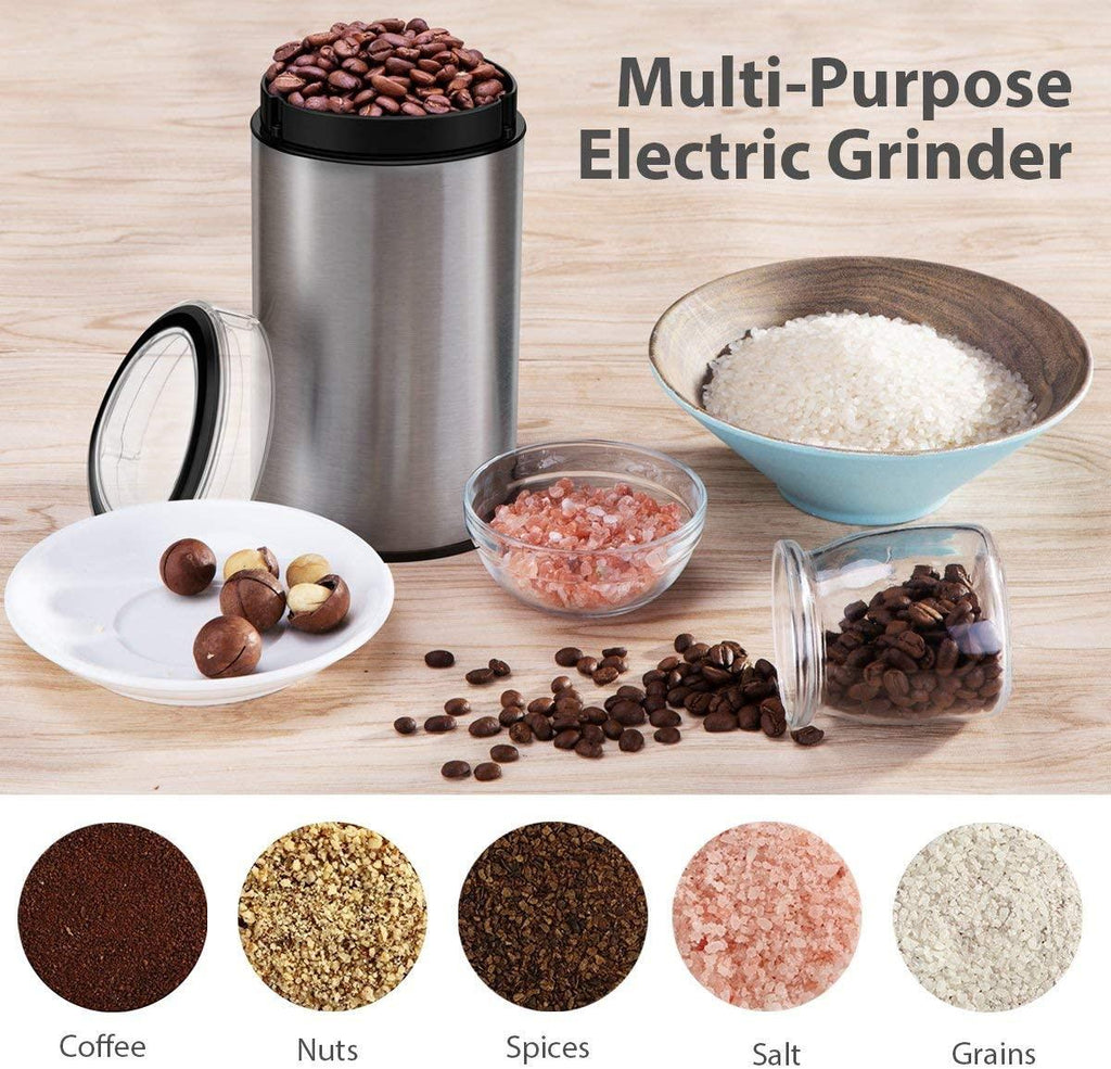 Electric Coffee Grinder Spice Grinder - Stainless Steel Blades Grinder for Coffee Bean Seed Nut Spice Herb Pepper, Brushed Stainless Steel Texture and Transparent Lid