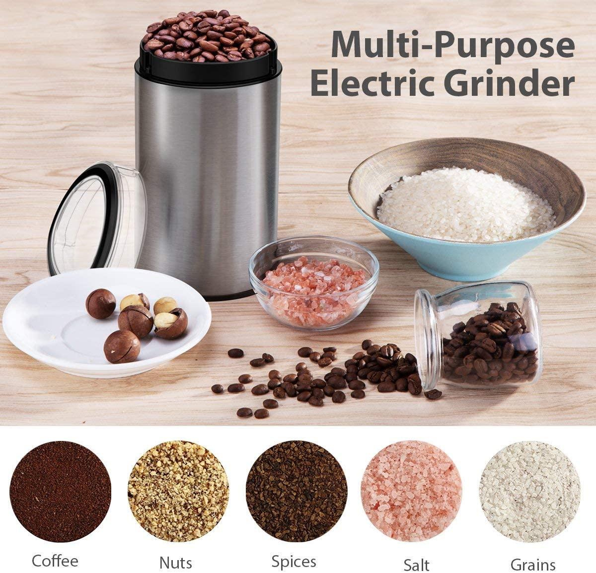 Electric Coffee Grinder Spice Grinder - Stainless Steel Blades Grinder for Coffee Bean Seed Nut Spice Herb Pepper, Brushed Stainless Steel Texture and Transparent Lid