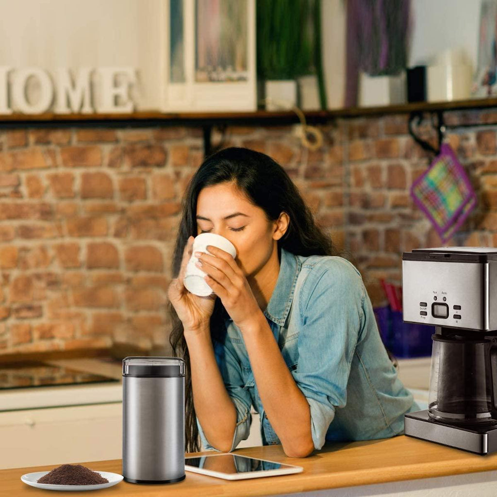Electric Coffee Grinder Spice Grinder - Stainless Steel Blades Grinder for Coffee Bean Seed Nut Spice Herb Pepper, Brushed Stainless Steel Texture and Transparent Lid