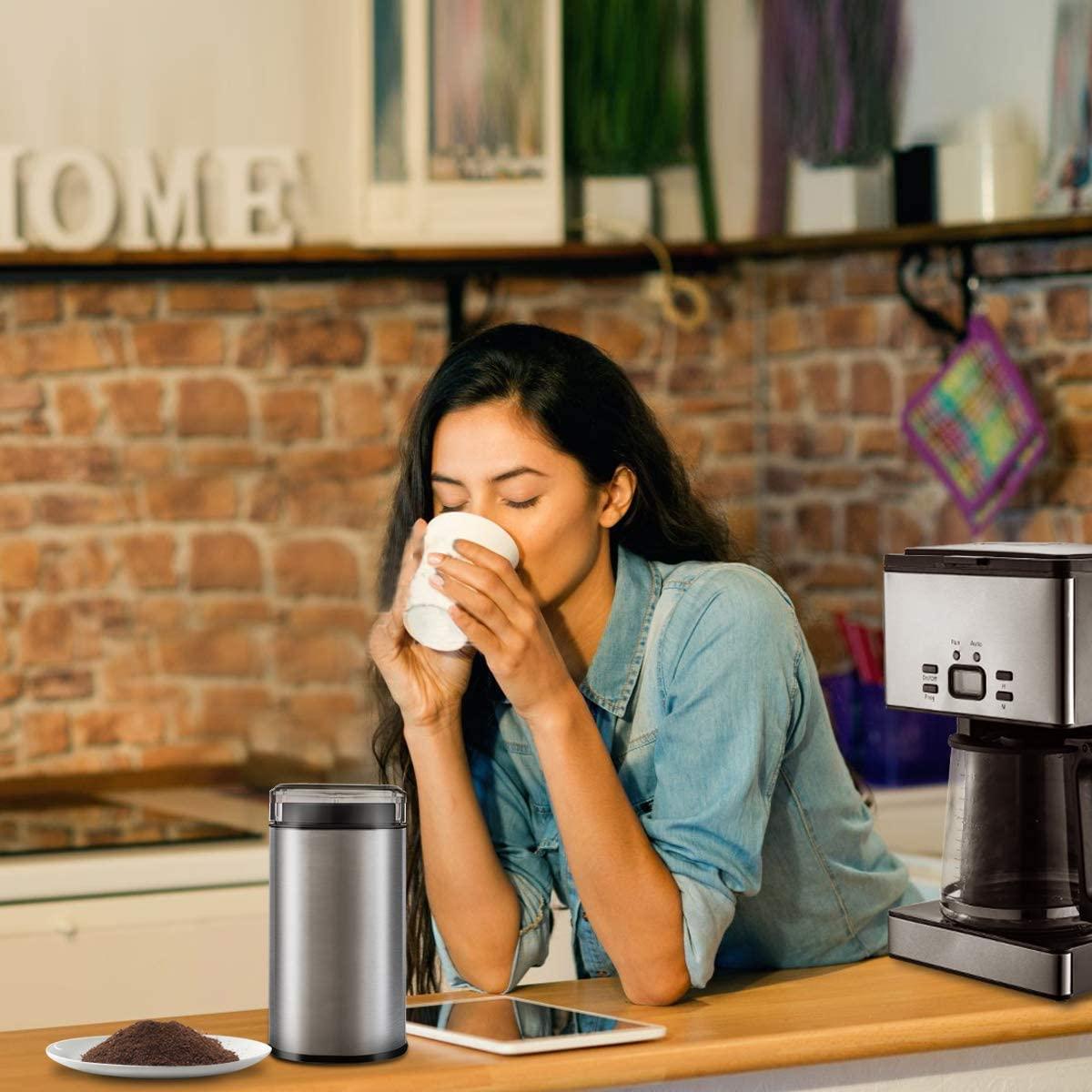 Electric Coffee Grinder Spice Grinder - Stainless Steel Blades Grinder for Coffee Bean Seed Nut Spice Herb Pepper, Brushed Stainless Steel Texture and Transparent Lid