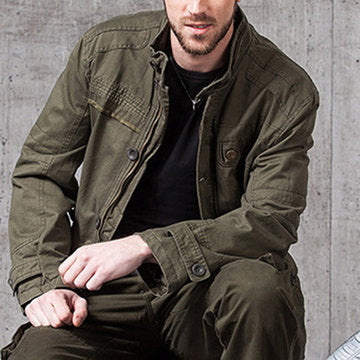 stand collar pockets cotton waist drawstring military solid color jacket for men